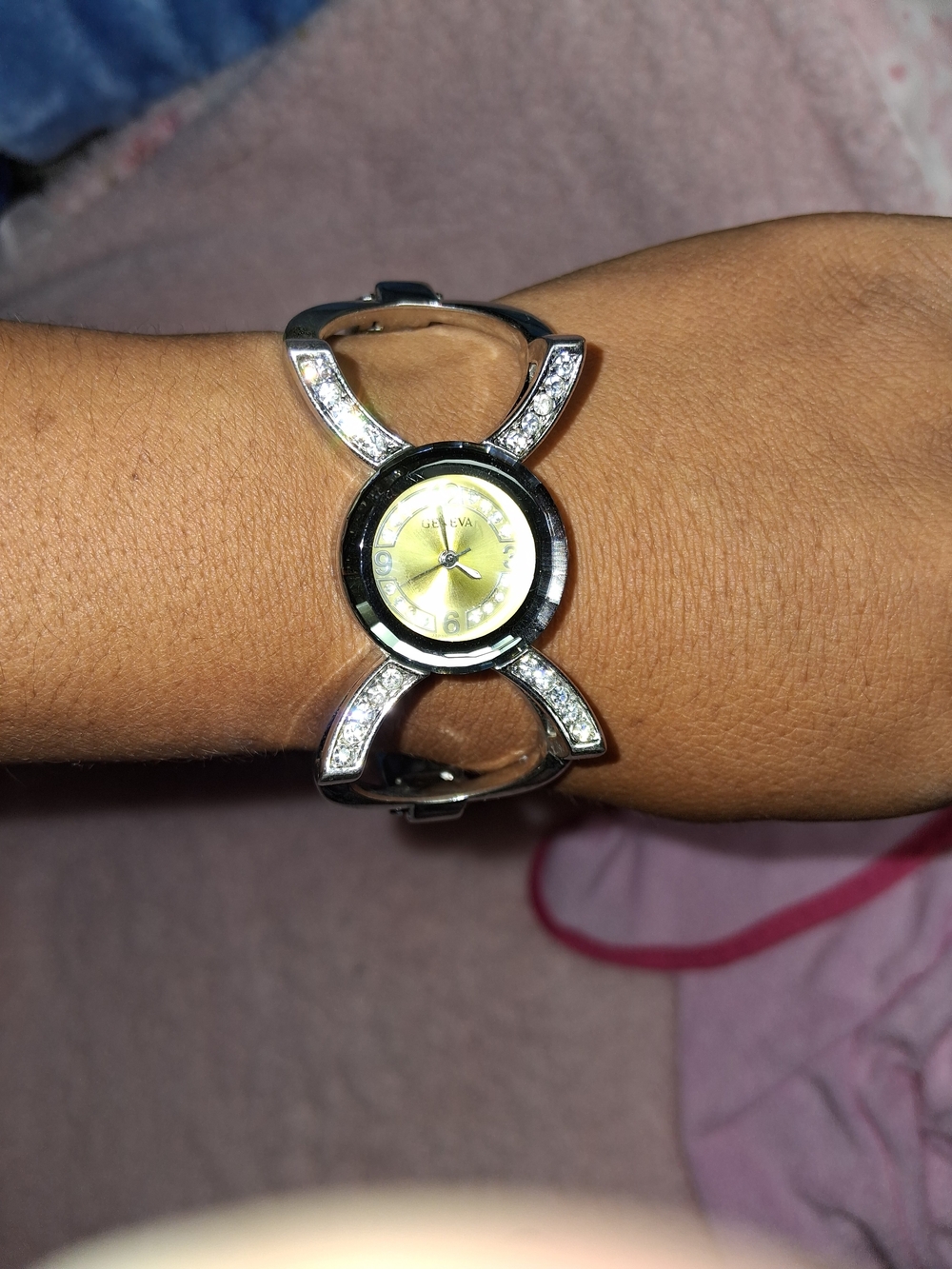Geneva Silver Bracelet Watch with Yellow Dial and Crystal Accents